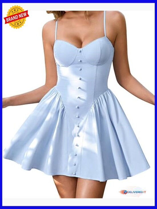 Dresses & Skirts - Women's Corset Mini Dress with Lace Up Back, Spaghetti Straps, A-Line Silhouette